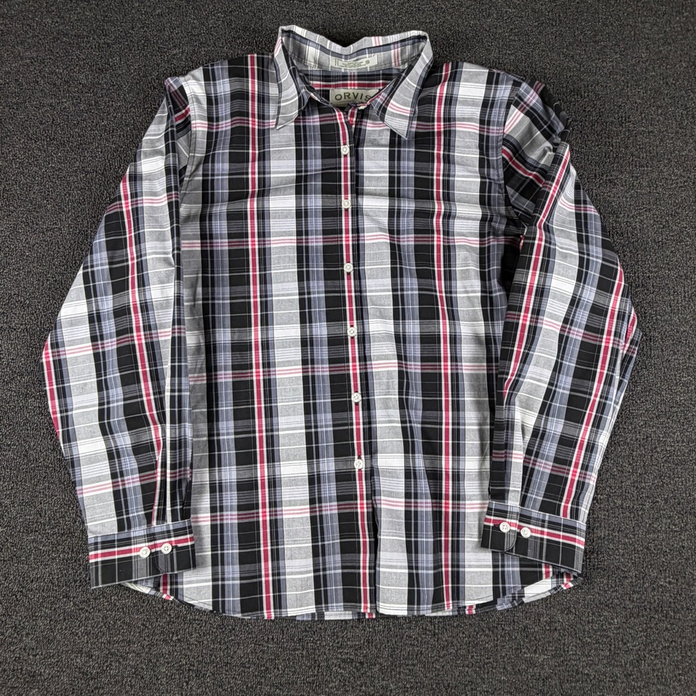 Orvis Shirt Womens 18 Carefree Black White Red Plaid Button Down EUC